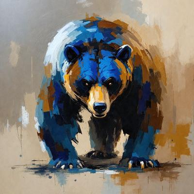 The primary subject of the image is a large, blue and brown bear. The bear is standing on its hind legs, with its front paws on the ground. The setting is a dirt ground, and the visual style appears to be a painting or drawing. The colors and mood of the image are dominated by the bear's blue and brown fur, creating a sense of power and strength.